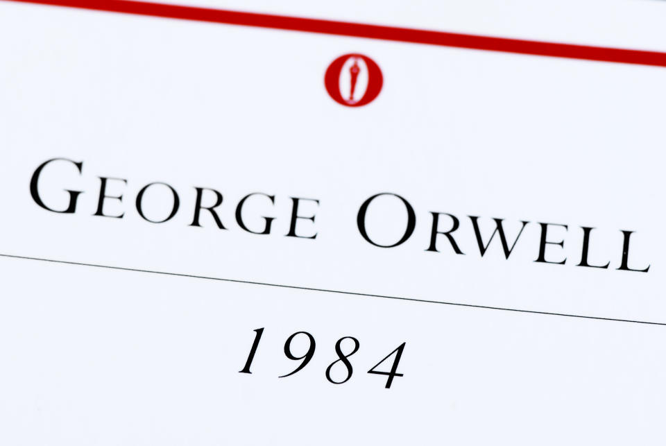 Pila, Italy - May 28, 2011: George Orwell 1984 book macro, Italian version published by Oscar Mondadori (red logo on top).