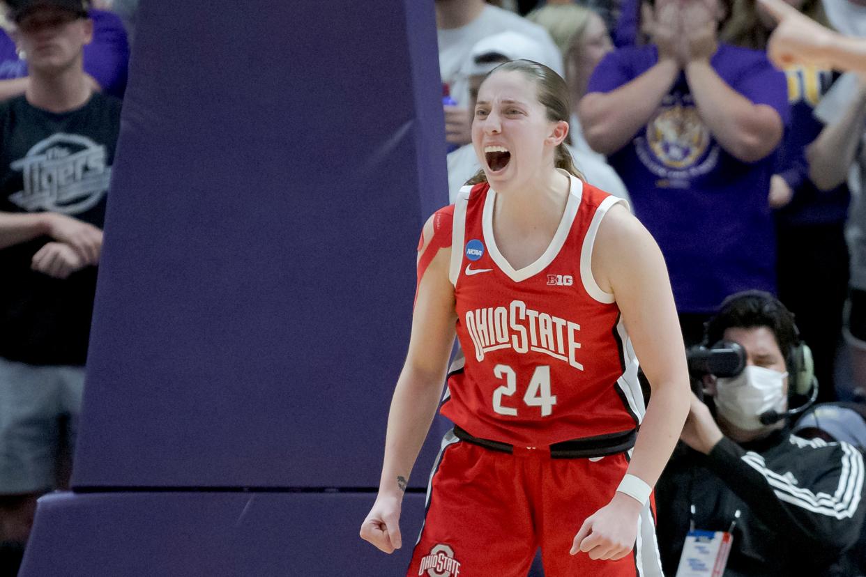 Ohio State guard Taylor Mikesell (24) celebrates during the second half of a women's college basketball game against LSU in the second round of the NCAA tournament, Monday, March 21, 2022, in Baton Rouge, La. (AP Photo/Matthew Hinton)