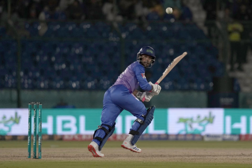 Multan Sultans' Usman Khan plays a shot during the Pakistan Super League T20 cricket match between Karachi Kings and Multan Sultans, in Karachi, Pakistan, Sunday, March 3, 2024. (AP Photo/Fareed Khan)