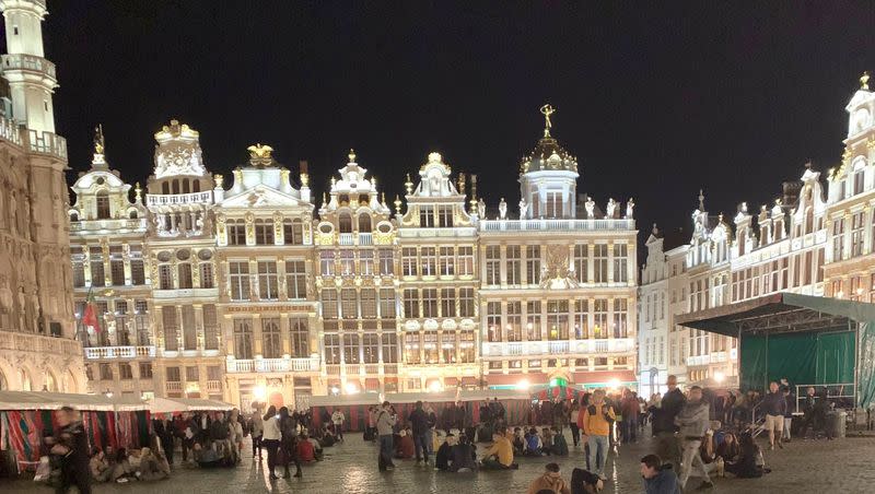 The historical square in downtown Brussels lights up at night, highlighting the city’s architecture. This was on Sept. 20, 2019.