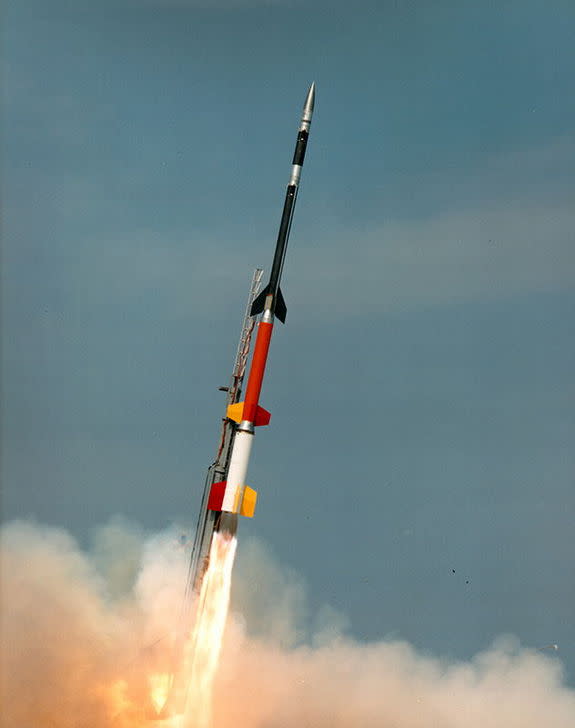 A Black Brant XII sounding rocket leaves the launch pad at NASA’s Wallops Flight Facility.