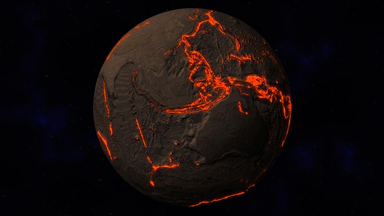  Earth shown with no water with cracks in the surface where orange magma can be seen on black background of space 