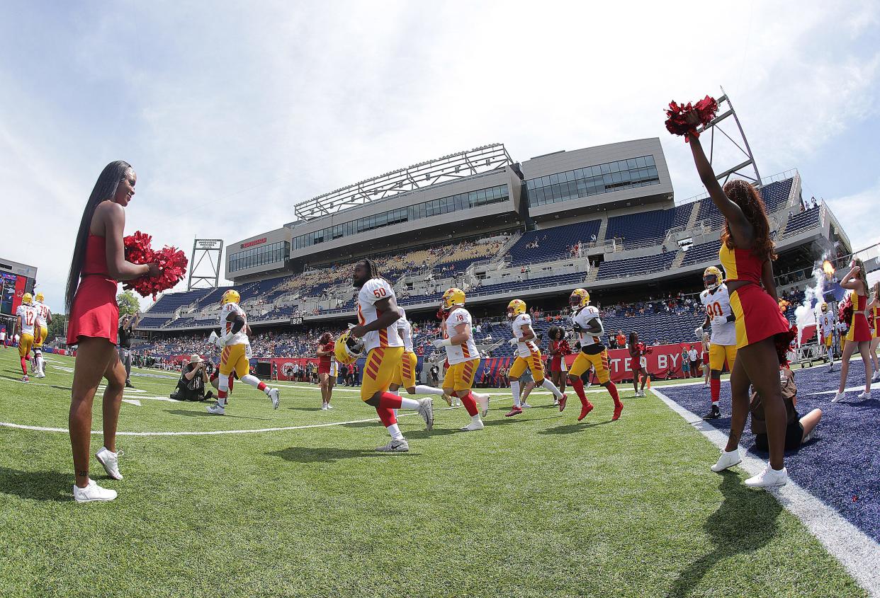 Players from the Philadelphia Stars take the field before kickoff at the USFL playoff game between the  New Jersey Generals and the Philadelphia Stars Saturday, June 25, 2022. 