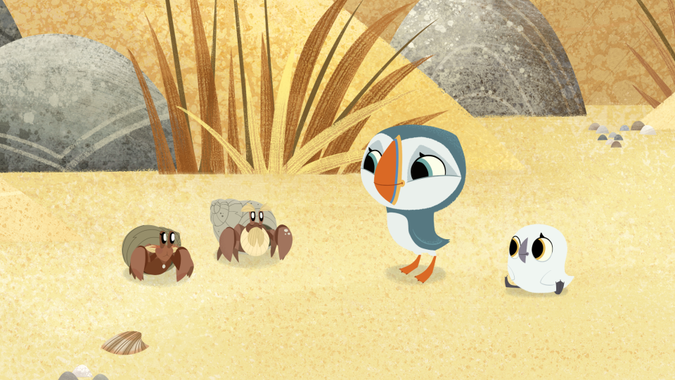 Little pufflings play with hermit crabs and other creatures on "Puffin Rock," an Irish preschool series with two seasons streaming on Neflix.