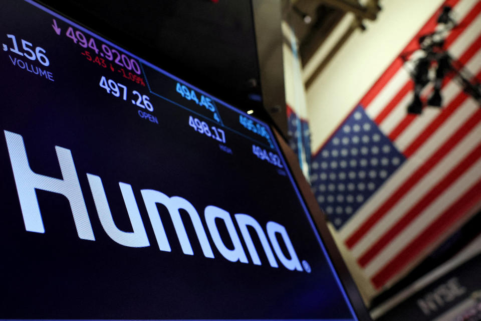 FILE PHOTO: A screen displays the logo and trading information for Humana on the floor at the New York Stock Exchange (NYSE) in New York City, U.S., December 6, 2023.  REUTERS/Brendan McDermid/File Photo