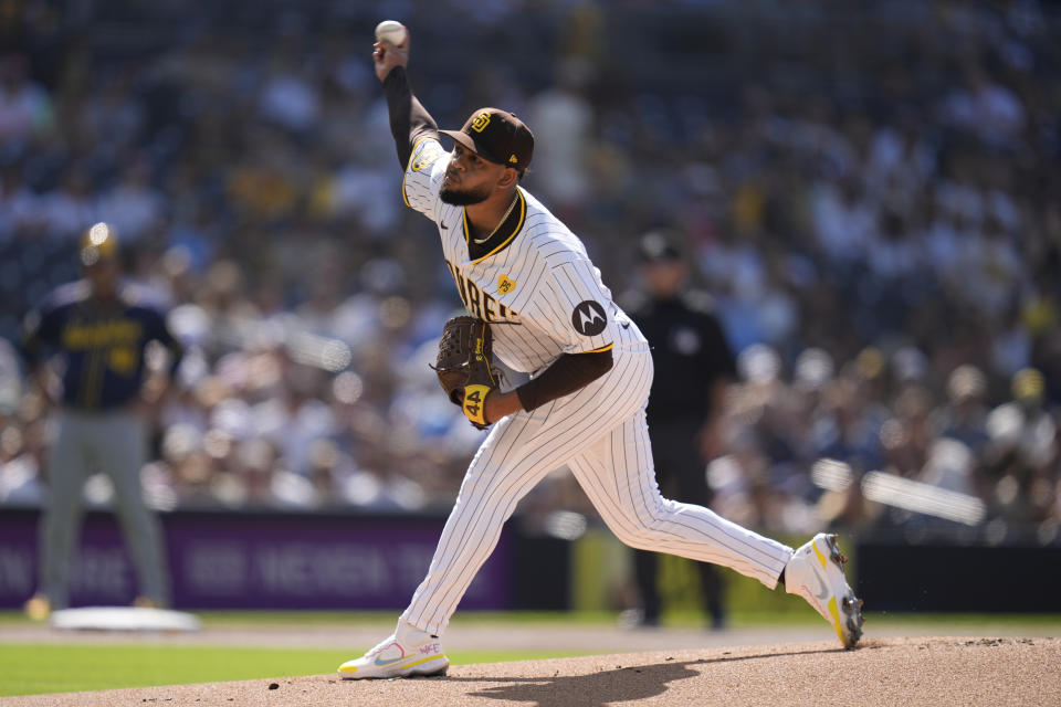 San Diego Padres starting pitcher Randy Vasquez works against a Milwaukee Brewers batter during the first inning of a baseball game Saturday, June 22, 2024, in San Diego. (AP Photo/Gregory Bull)