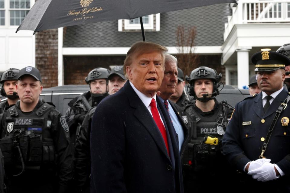 Former President Donald Trump is seeking a return to the White House. Above, he speaks Thursday after attending the wake of slain NYPD Officer Jonathan Diller in Massapequa, New York. (Photo by Spencer Platt/Getty Images)