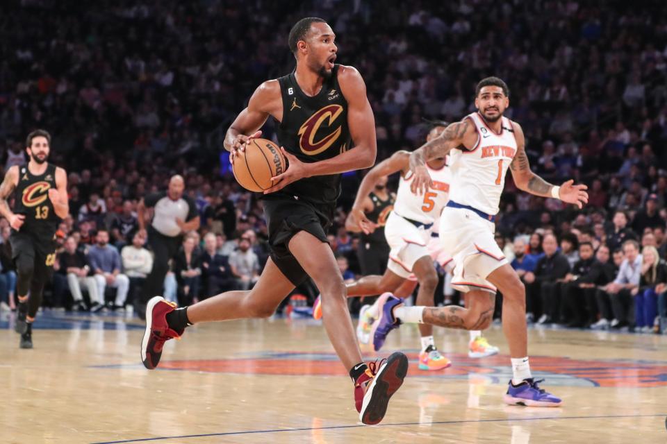 Cavaliers forward Evan Mobley drives to the basket during Game 4 of a first-round playoff series against the New York Knicks on April 23 at Madison Square Garden.