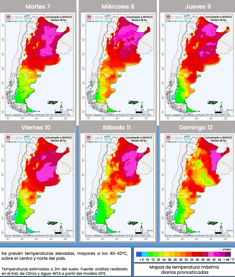 Se registrarían temperaturas elevadas, mayores a 40-42°C, sobre el centro y norte del país. Hacia el domingo 12 se espera descenso de las temperaturas debido al pasaje de un frente frío.