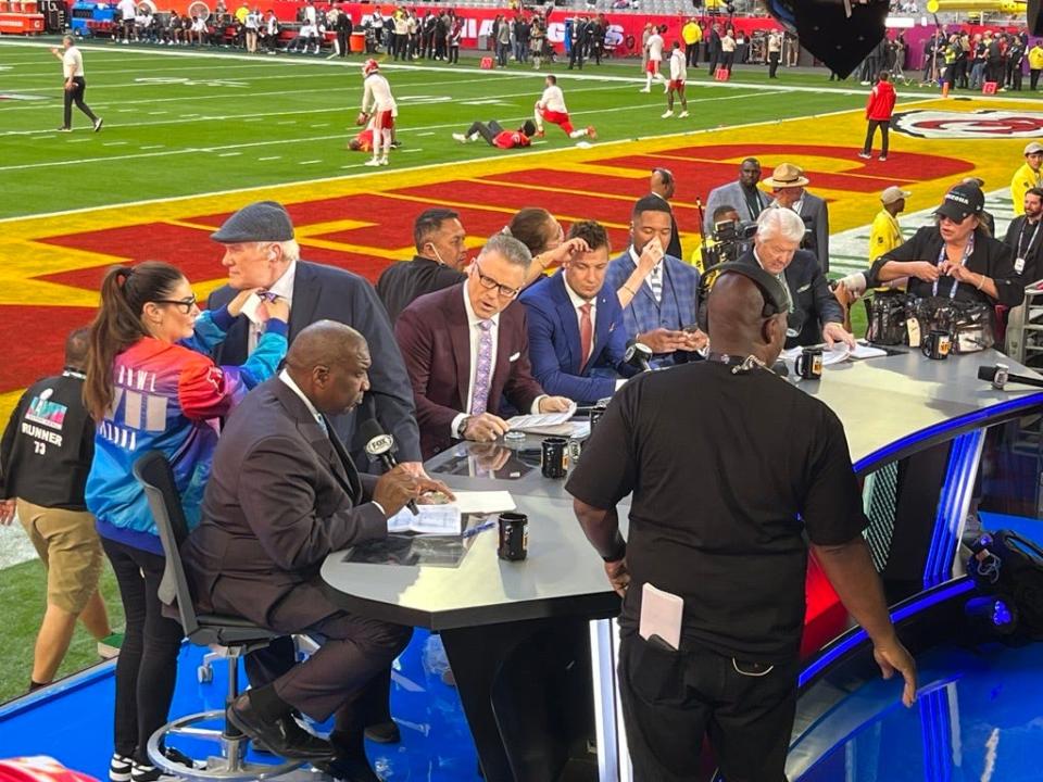 The NFL on Fox crew set up on the field at State Farm Stadium ahead of Super Bowl 57.
