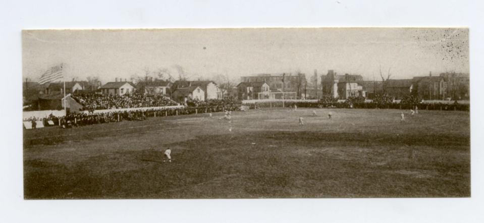 A baseball game between two unidentified teams is played on Willard Field on the campus of Knox College in 1908. Bud Fowler played on the field with a Galesburg minor league team in 1890.