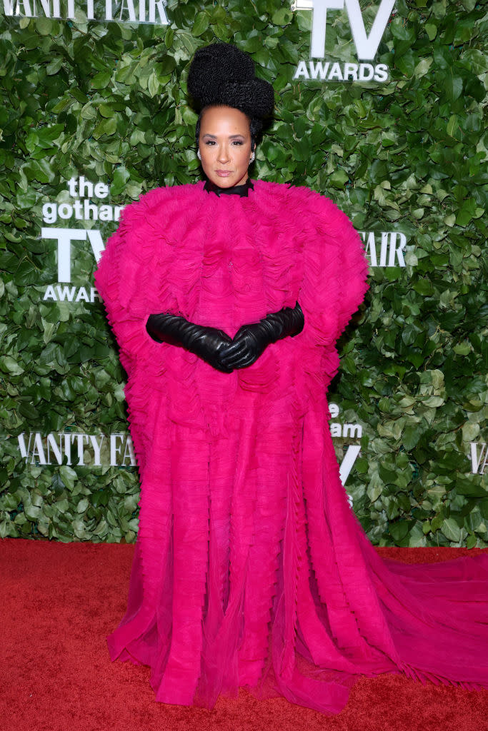 Golda Rosheuvel at the 2024 Gotham TV Awards on June 4 in New York, Rahul Mishra couture, red carpet, hot pink tiered gown by Rahul Mishra, which debuted on the runway during the designer's spring 2024 couture collection