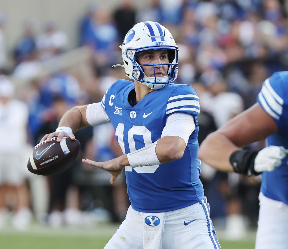 Brigham Young Cougars quarterback Kedon Slovis (10) throws against the Texas Tech Red Raiders in Provo on Saturday, Oct. 21, 2023. BYU won 27-14. | Jeffrey D. Allred, Deseret News