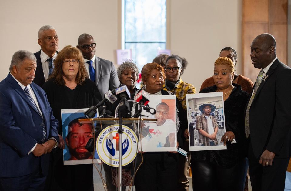 Attorney Ben Crump held a press conference with the families of three men who were buried in the Hinds County Pauper's Field without their families' knowledge in Jackson, seen on Wednesday, Dec. 20.