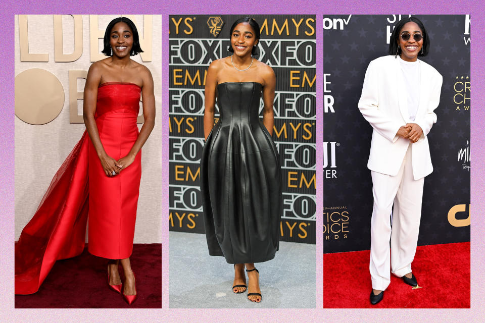 Ayo Edebiri at the Golden Globe Awards, the Emmy Awards, and the Critics' Choice Awards <span class="copyright">Jon Kopaloff—WireImage/Getty Images; Neilson Barnard—Getty Images; Gilbert Flores—Variety/Getty Images</span>