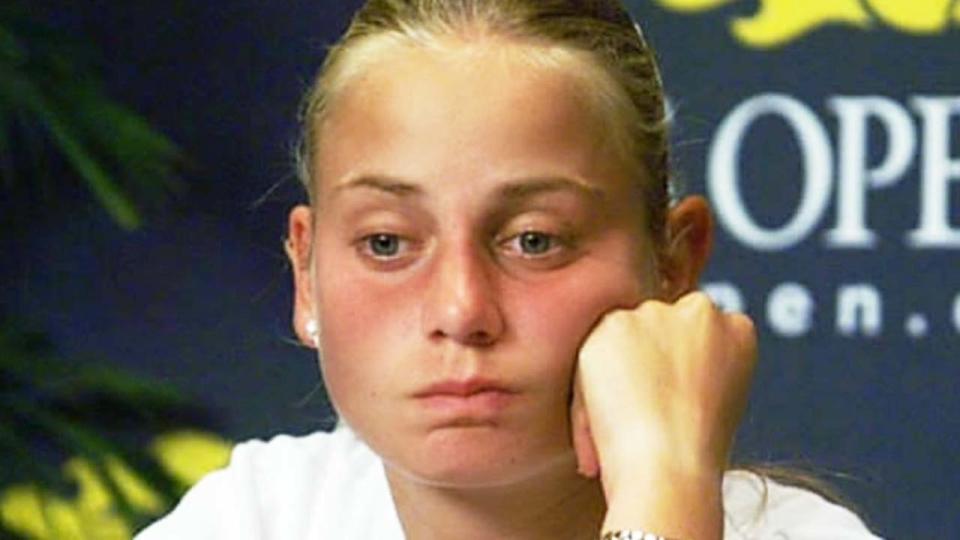 Jelena Dokic (pictured) looking sad during her US Open press conference.