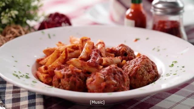 tomato based meatball pasta with chef's secret recipe