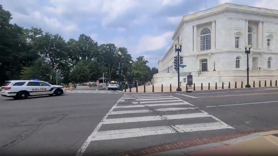 PHOTO: In this still from a video, law enforcement officers arrive on the scene at the Russell Office Building in Washington, D.C., on Aug. 2, 2023. (@cjmithli/Twitter)