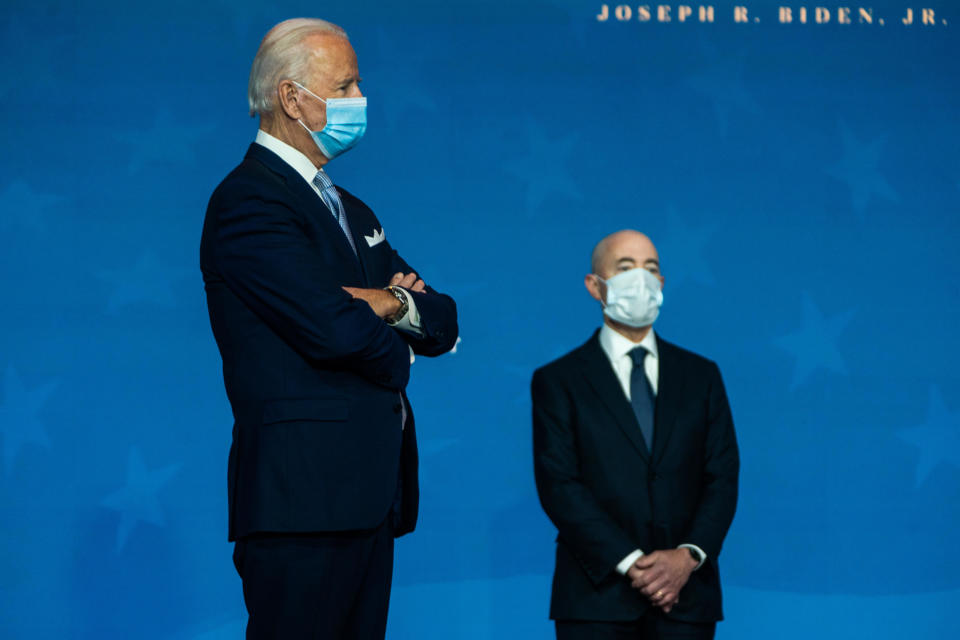 President-elect Joe Biden and his nominee for secretary of homeland security, Alejandro Mayorkas, in Wilmington, Delaware, on November 24, 2020.  / Credit: The Washington Post