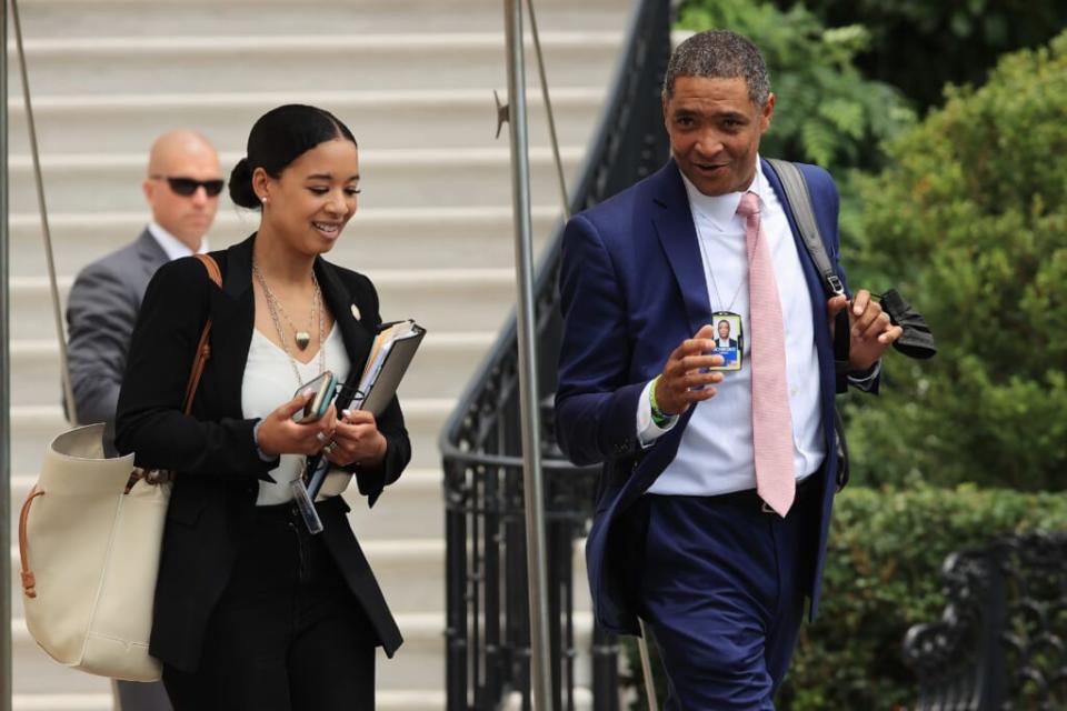 Special Assistant to the President Ashley Williams (L) and White House Office of Public Engagement Director Cedric Richmond depart the White House on July 13, 2021 in Washington, DC. (Photo by Chip Somodevilla/Getty Images)