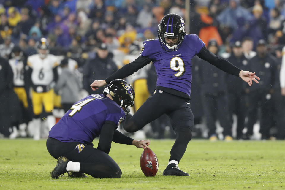 Kicker Justin Tucker #9 of the Baltimore Ravens 