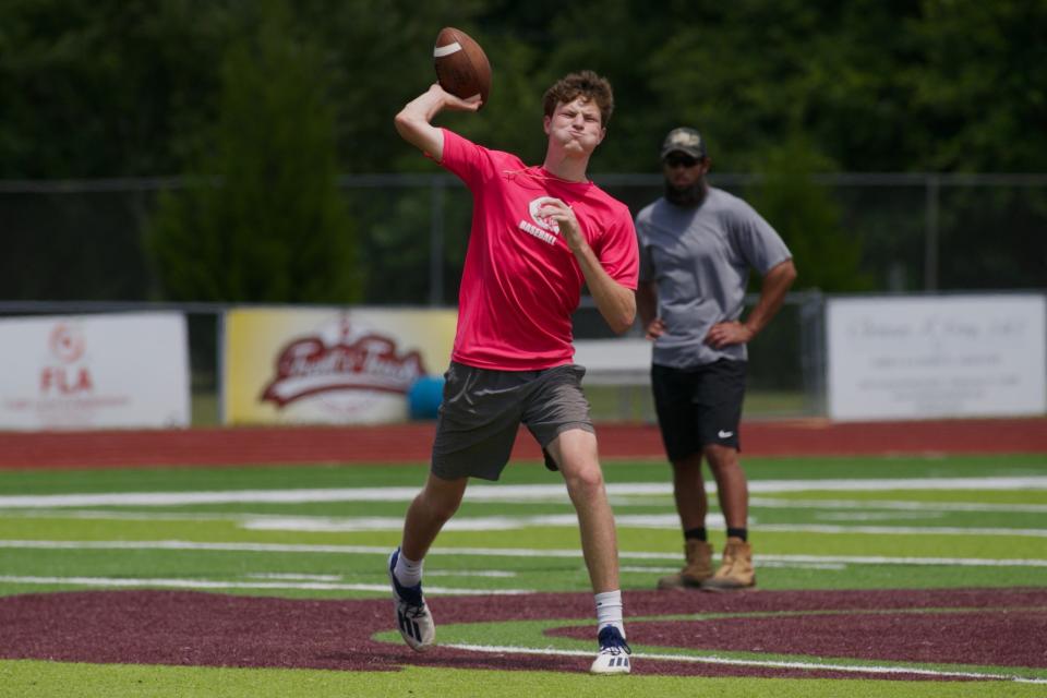 Chiles senior Trent Hurtung throws a pass during 7-v-7 football on June 8, 2022, at Chiles High School