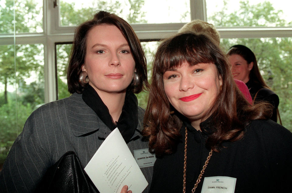 PA NEWS PHOTO 26/10/92  WRITERS AND COMEDIENNES JENNIFER SAUNDERS AND DAWN FRENCH (RIGHT) ATTEND THE WOMEN OF THE YEAR AWARDS AT THE SAVOY HOTEL, LONDON