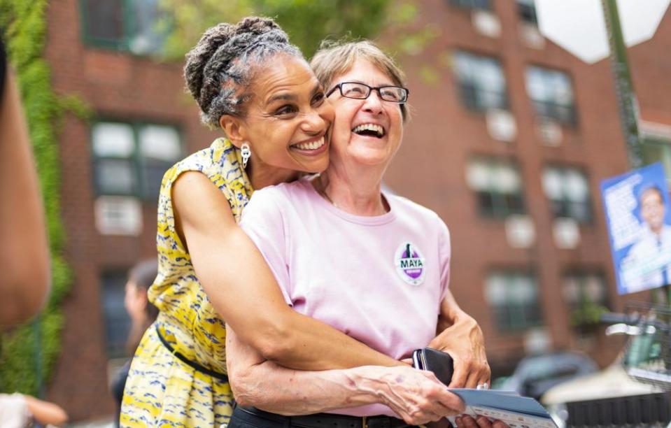 New York City mayoral candidate Maya Wiley greeting voters outside of a polling site.