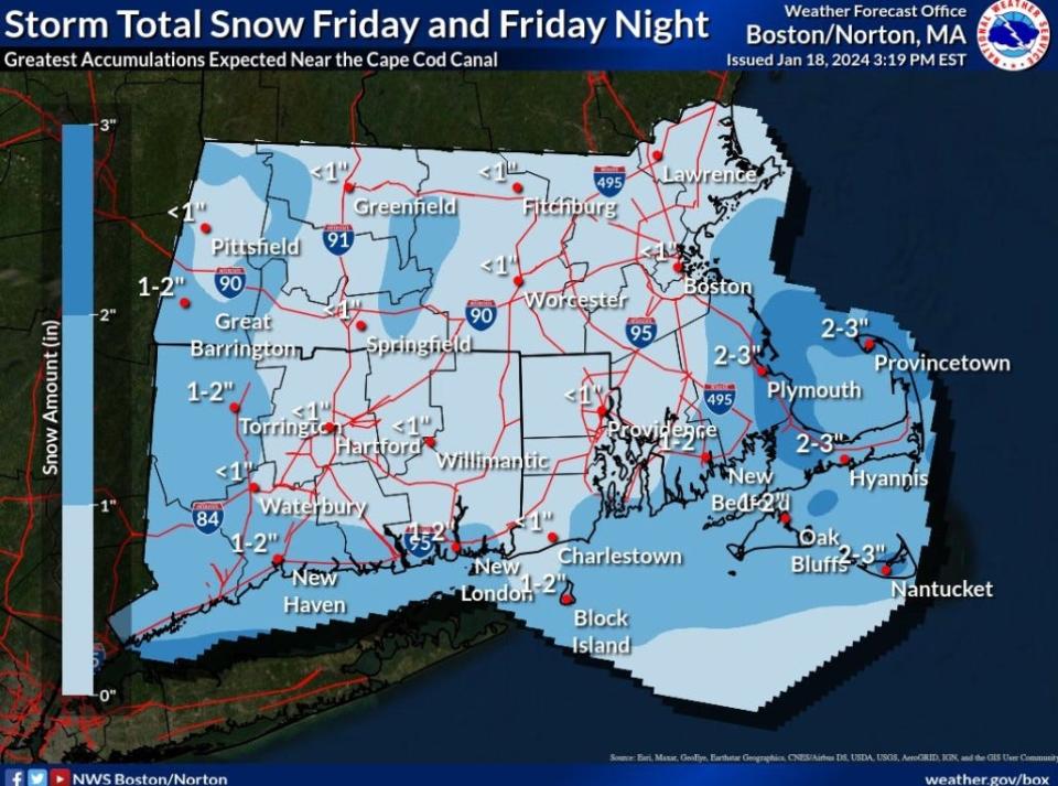 An updated snow map shows lighter snow totals for Rhode Island.