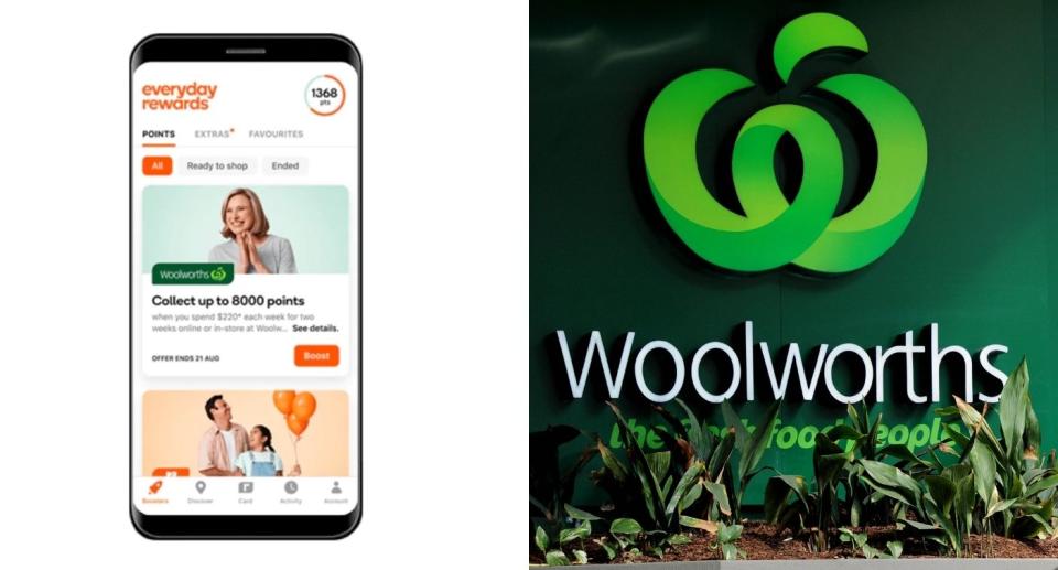 Everyday Rewards app (left) and Woolworths sign (right). Source: Woolworths Group/Getty Images