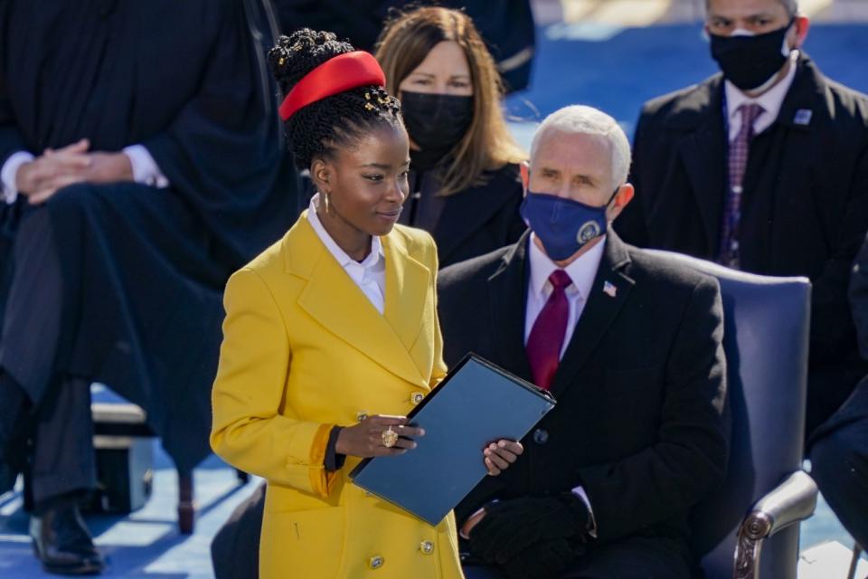 Poet Amanda Gorman prepares to speak at the inauguration of President Biden.