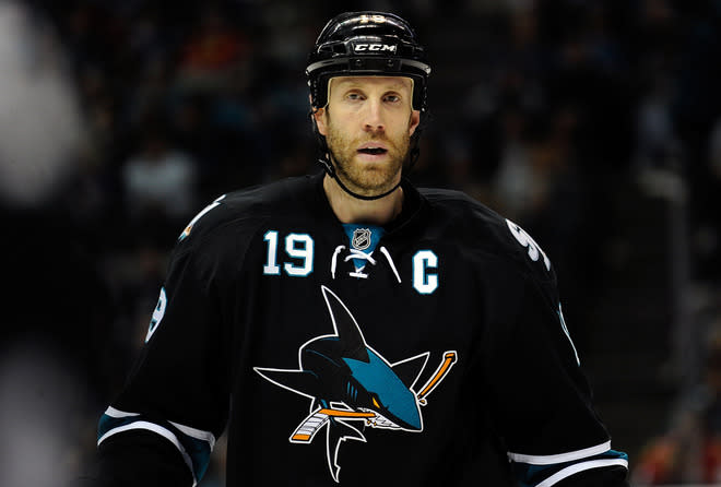 SAN JOSE, CA - FEBRUARY 10: Joe Thornton #19 of the San Jose Sharks looks on against the Chicago Blackhawks at HP Pavilion at San Jose on February 10, 2012 in San Jose, California. (Photo by Thearon W. Henderson/Getty Images)