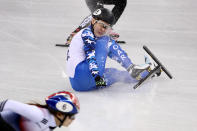 <p>A member of the Olympic Athlete from Russia crashes during the Ladies 3000m relay Short Track Speed Skating qualifying on day one of the PyeongChang 2018 Winter Olympic Games at Gangneung Ice Arena on February 10, 2018 in Gangneung, South Korea. (Photo by Jamie Squire/Getty Images) </p>