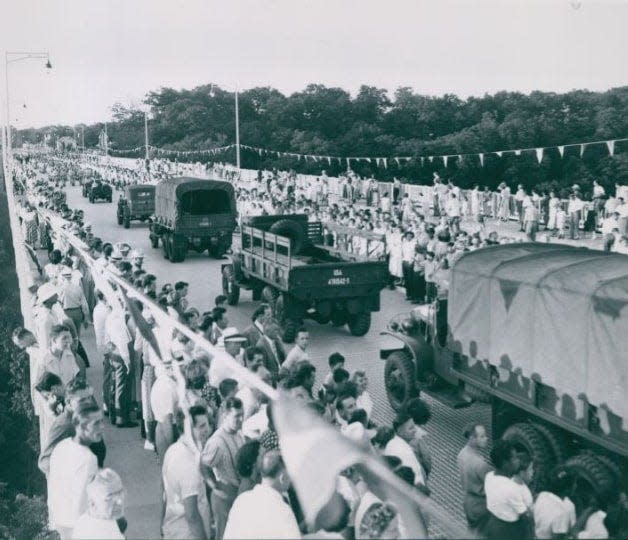 Akron and Cuyahoga Falls celebrate the opening of the High Level Bridge with a parade July 13, 1949.