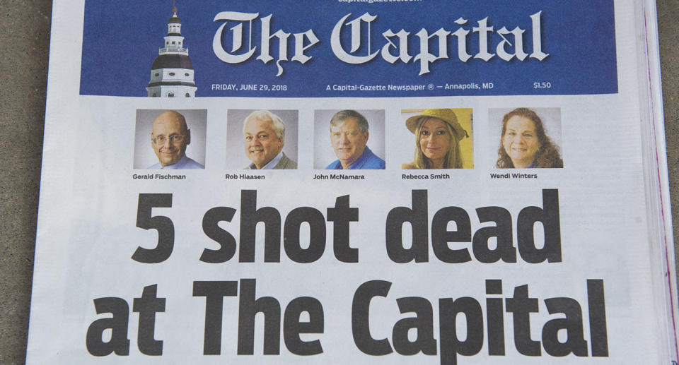 A shooting at the Capital Gazette, 28 June, left five dead and many injured. Source: EPA via AAP