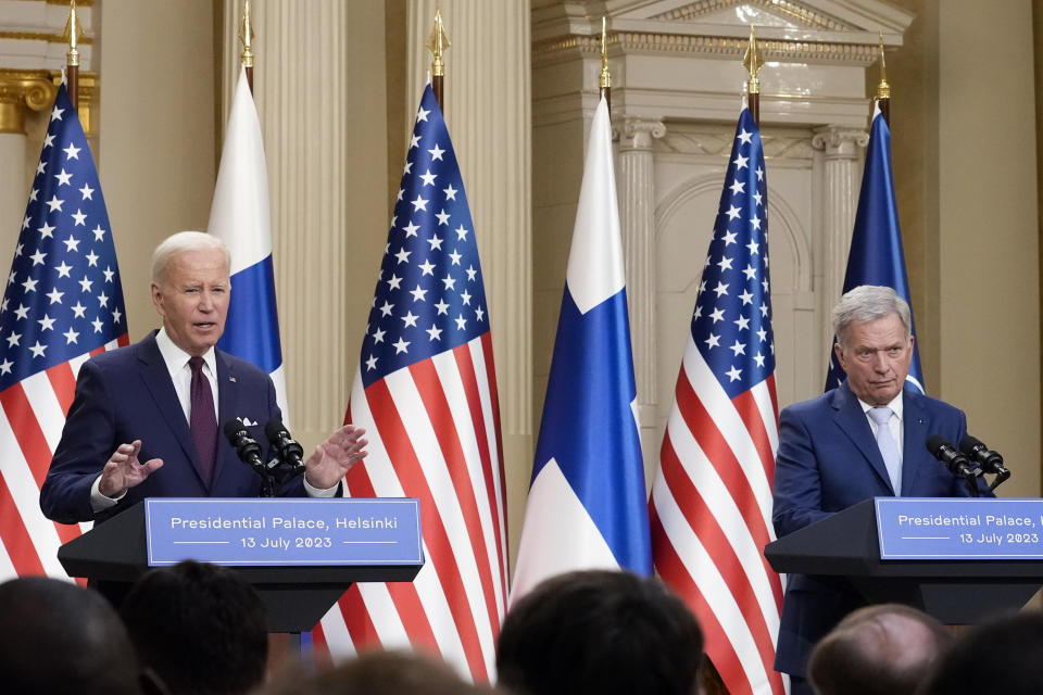 President Joe Biden speaks during a news conference with Finland's President Sauli Niinisto at the Presidential Palace in Helsinki, Finland, Thursday, July 13, 2023. (AP Photo/Susan Walsh)