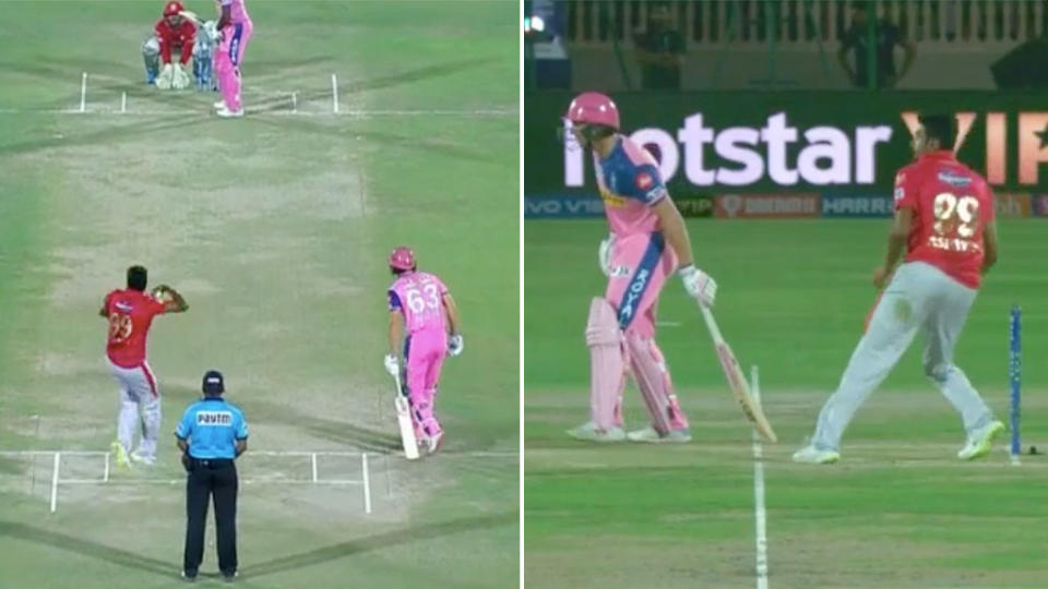 Jos Buttler was run out by Ravi Ashwin’s deception. Pic: IPL
