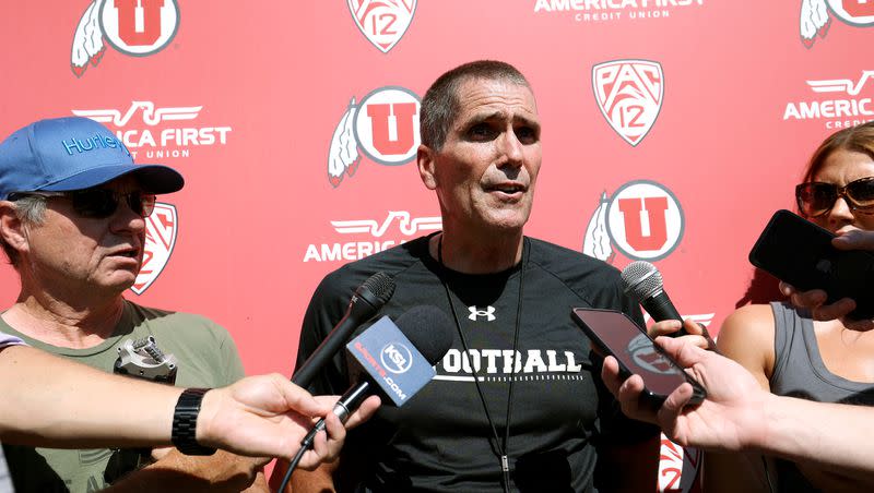 Utah Utes offensive coordinator and quarterbacks coach Andy Ludwig talks to members of the media after the first day of fall camp outside of the Spence and Cleone Eccles Football Center in Salt Lake City on Wednesday, Aug. 3, 2022.