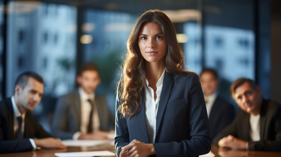 An empowered woman in the boardroom leading a discussion on the company's wealth & asset management strategy.