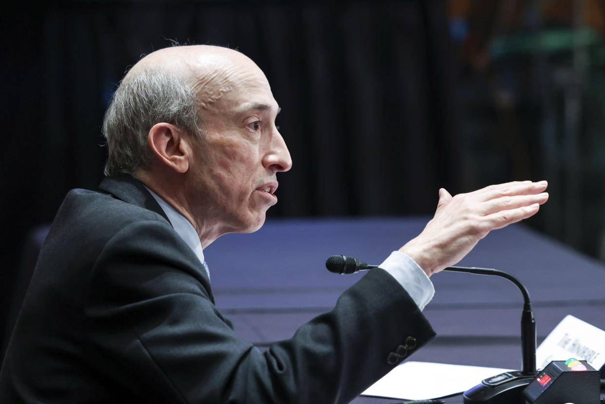 Securities and Exchange Commission, Chairman Gary Gensler speaks during a Senate Banking, Housing, and Urban Affairs Committee hearing on 