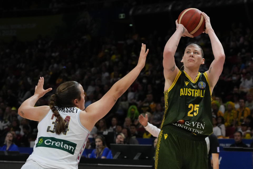 Australia's Lauren Jackson takes a shot at goal as Belgium's Billie Massey attempts to block during their quarterfinal game at the women's Basketball World Cup in Sydney, Australia, Thursday, Sept. 29, 2022. (AP Photo/Mark Baker)