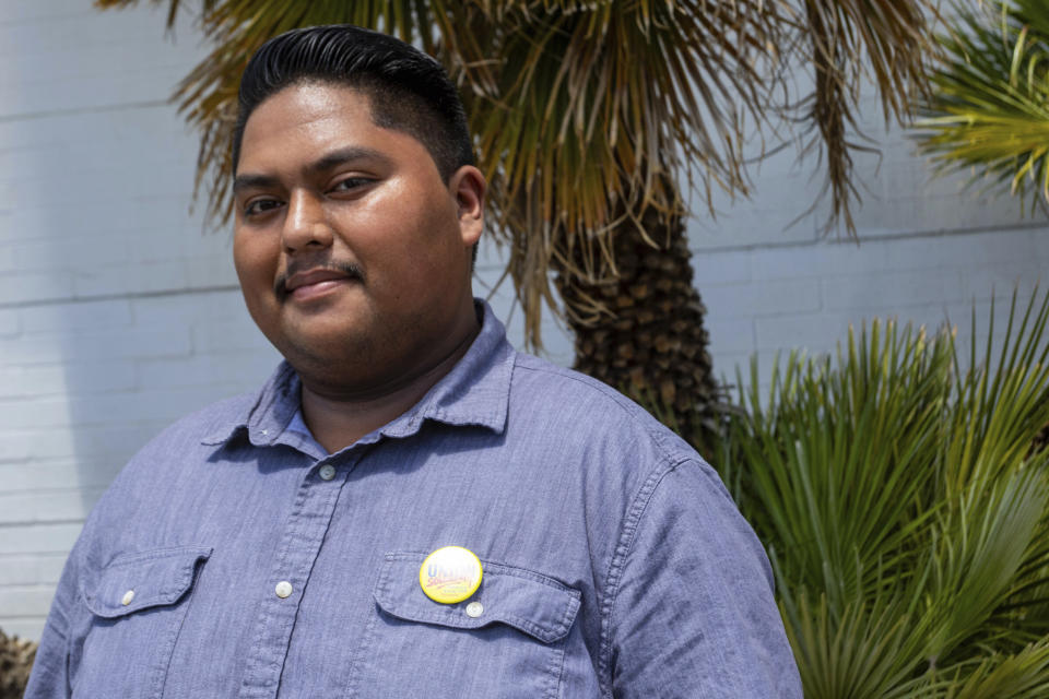 Alberto Rodriguez, 24, poses for a photo outside the Culinary Union on Wednesday, July 26, 2023, in Las Vegas. Joe Biden, America's oldest president, will need the support of young voters as he seeks reelection in 2024. Voters like Rodriguez were a key piece of Biden’s winning 2020 coalition, which included majorities of young people as well as college graduates, women, urban and suburban voters and Black Americans. Maintaining their support will be critical in closely contested states such as Nevada, where even small declines could prove consequential to Biden's reelection bid. (AP Photo/Ty ONeil)