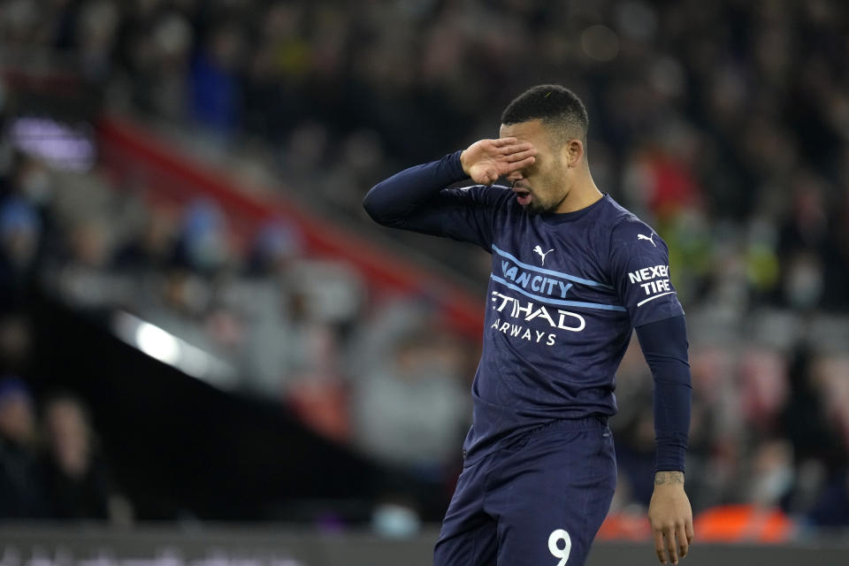 Manchester City's Gabriel Jesus gestures during the English Premier League soccer match between Southampton and Manchester City at St Mary's stadium in Southampton, England, Saturday, Jan. 22, 2022. (AP Photo/Kirsty Wigglesworth)