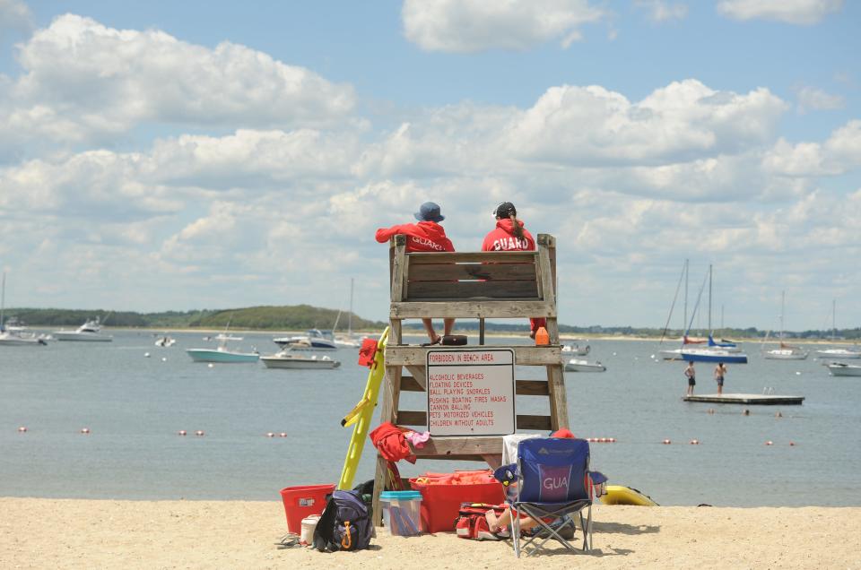 Lifeguards Michel Douglas, left, and Erin Kiley keep an eye on the waters at Monument Beach in 2020. Merrily Cassidy/Cape Cod Times