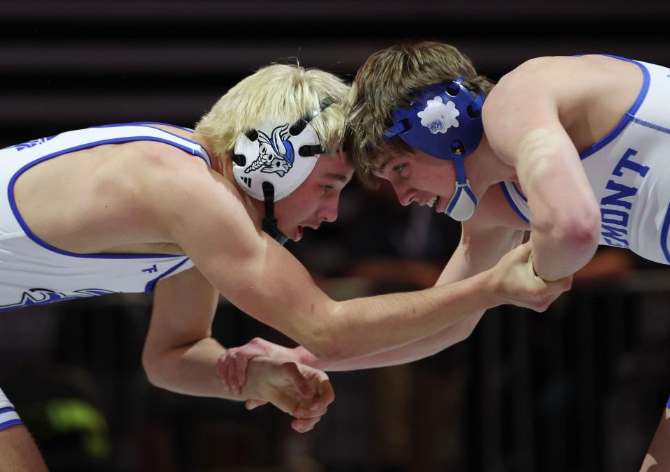 Logan Hancey, Fremont, right, beats Brad Farrer, Pleasant Grove at 165 lbs. in the 6A boys wrestling state championships at UVU in Orem on Saturday, Feb. 17, 2024. | Jeffrey D. Allred, Deseret News