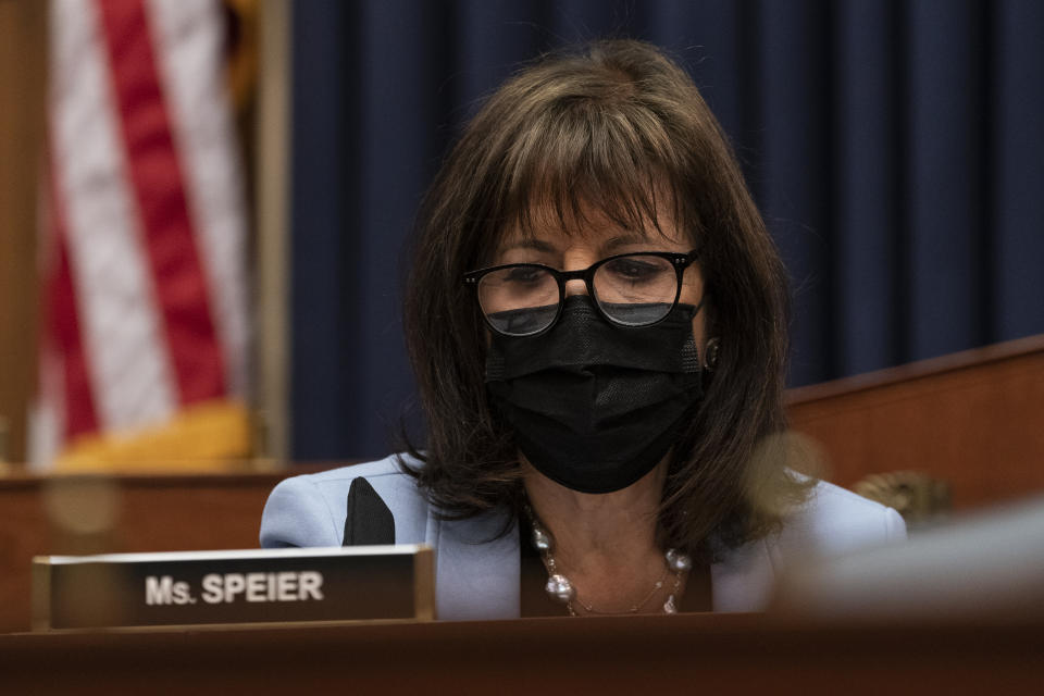 Chairwoman Jackie Speier, of Calif., speaks during a House Committee on Armed Services Subcommittee on Military Personnel, hearing about Military Criminal Investigative Organization Reform Recommendations from the Fort Hood Independent Review Committee, on Capitol Hill, Tuesday, March 16, 2021, in Washington. (AP Photo/Alex Brandon)