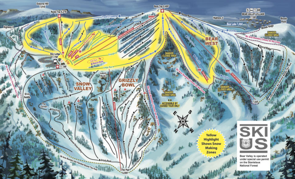 Bear Valley Upper Mountain, Snow Valley, Grizzly Bowl, and Bear West trail map<p>Bear Valley Resort</p>