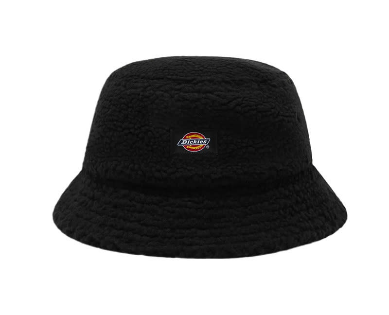 A black, fluffy bucket hat with the Dickies logo on the front