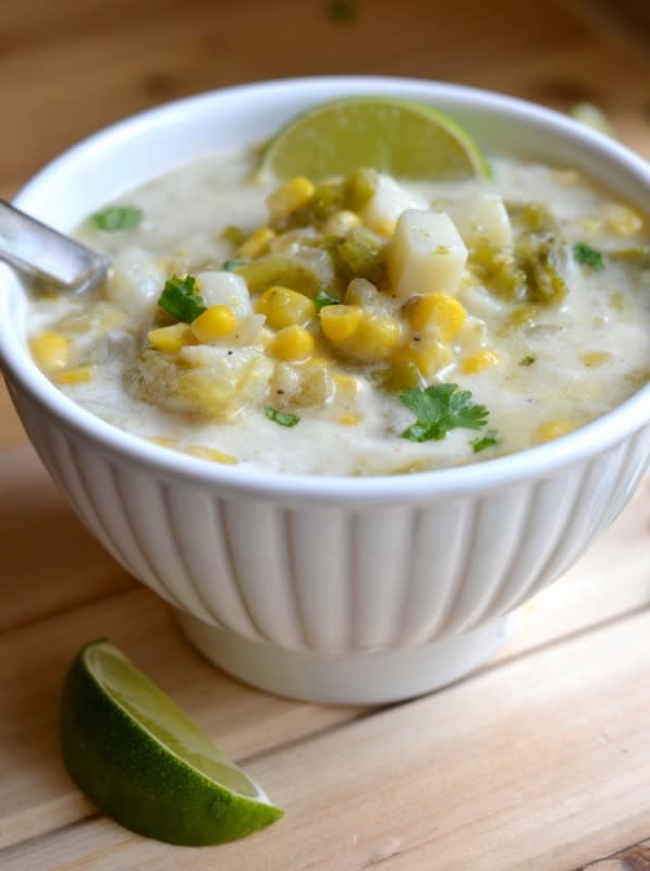 <p>Good in the Simple</p><p>This vegan corn chowder recipe blends the flavors of summer with the comfort of fall. It’s extremely versatile (spicy or mild; fresh, frozen or canned ingredients) and totally delicious!</p><p><strong>Get the recipe: <a href="https://www.goodinthesimple.com/potato-green-chile-corn-chowder/" rel="nofollow noopener" target="_blank" data-ylk="slk:Potato Green Chile Corn Chowder;elm:context_link;itc:0;sec:content-canvas" class="link rapid-noclick-resp">Potato Green Chile Corn Chowder</a></strong></p>