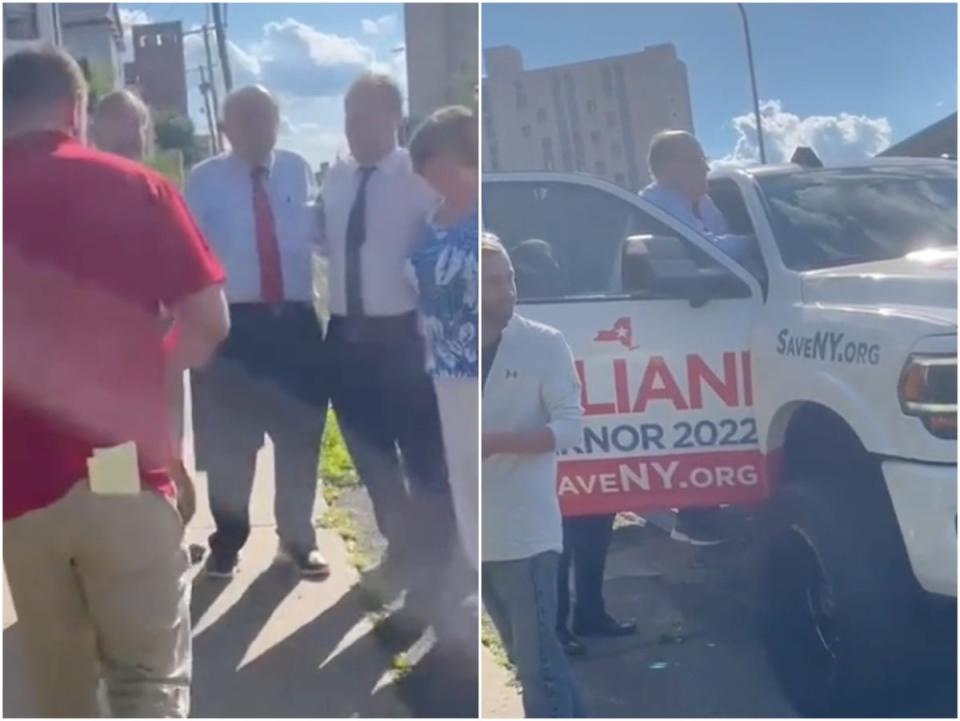 Rudy Giuliani was heckled by critics in Binghampton, New York (Screenshots / TikTok / Liam Wagner)